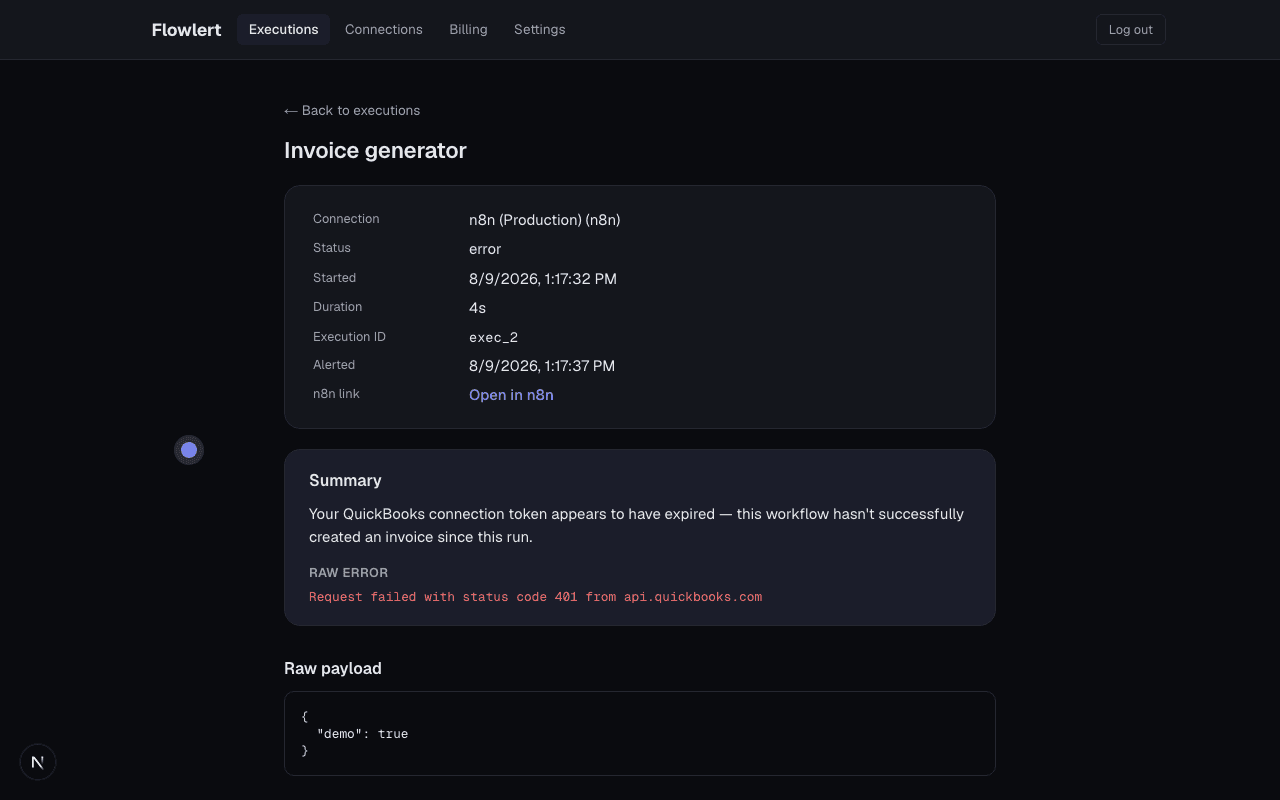 Flowlert execution detail page showing an AI-generated plain-English summary of a failure